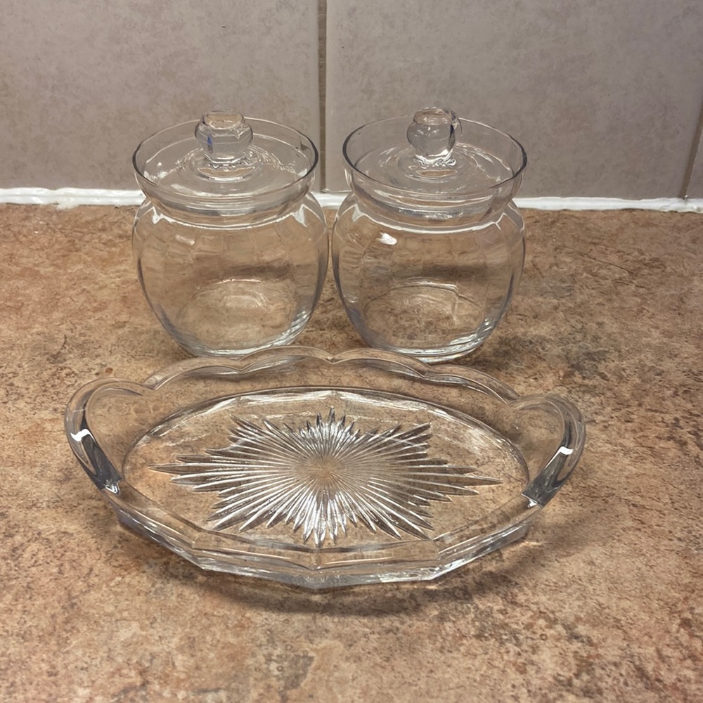 Vintage marmalade jars with tray